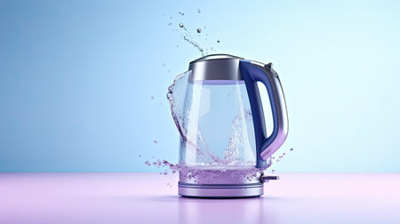 electric kettle with splash on light gradient background with copy space.の素材
