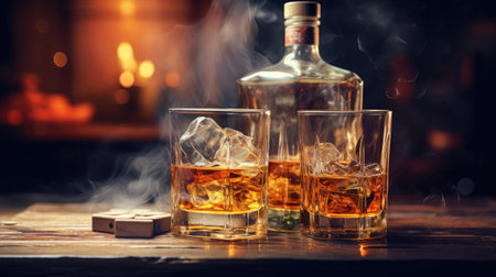 two glasses and bottle of whiskey on a wooden table, ai generatedの素材