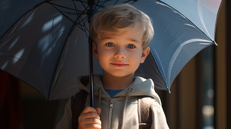 happy kid with pastel umbrella in rainy eveningの素材