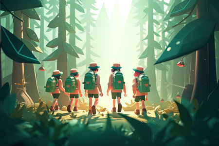 group of children Scouts walking in the forest.の素材