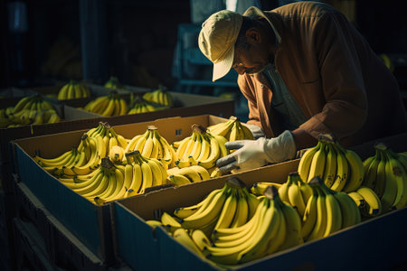 workers selecting bananas and dividing in boxes in the warehouse.の素材