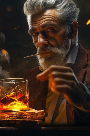man drinks whiskey and smokes a cigar, Ai Generated.の素材