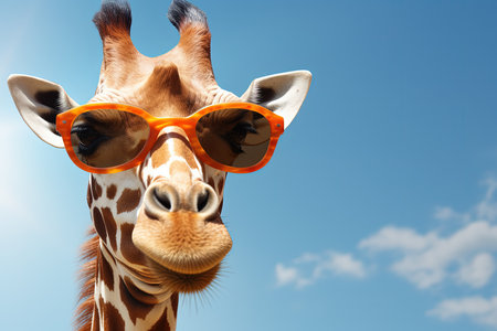 giraffe in sunglasses on bright background with copy space .の素材