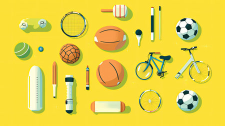 Sport equipment on yellow background.の素材