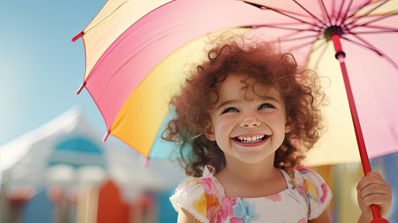 happy kid with colour umbrella on pastel backgroundの素材