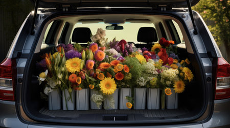 a lot of flowers in car trunk in spring day. ai generatedの素材