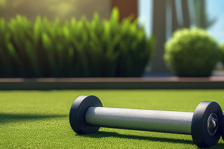 Yoga mat and sport bottle on green grassの素材