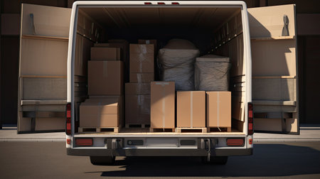 open trunk of a truck with things in boxes . moving dayの素材