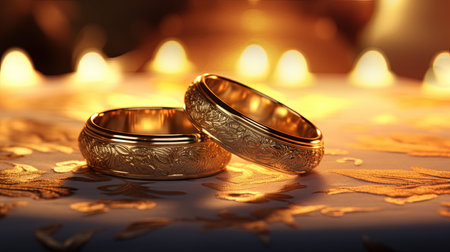 two gold wedding ring and flower on dark background with bokehの素材