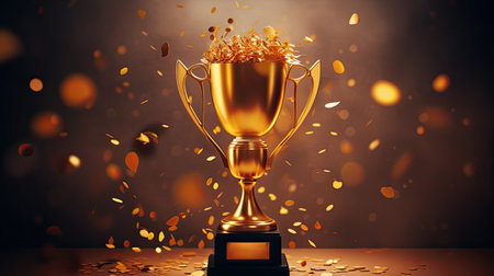 first place winners gold trophy with confetti on dark background.の素材