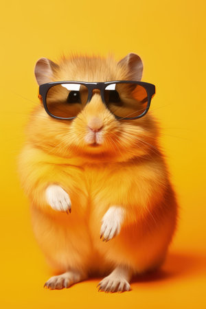 cute hamster in sunglasses on bright yellow background.の素材