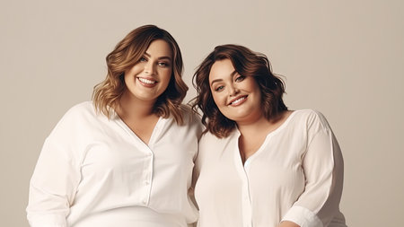Two smiling overweight women posing together while sittingの素材