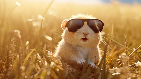 hamster in sunglasses in a wheat field on a sunny dayの素材