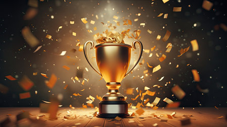 first place winners gold trophy with confetti on dark background.の素材