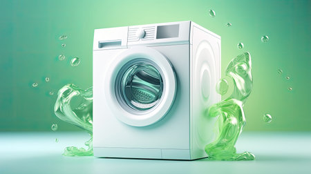 automatic washing machine and water splash on green background.の素材