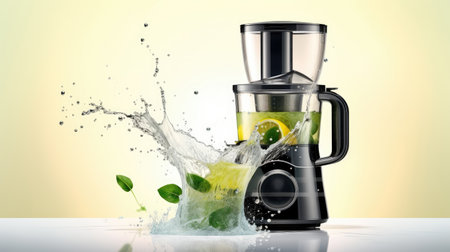 modern electric juicer with fruits on light background .の素材
