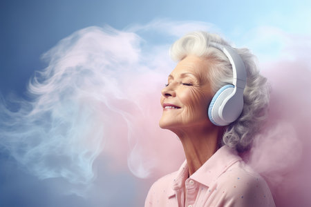 stylish senior woman listening to music in headphonesの素材