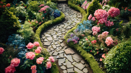 Landscape design with flowers, beautiful residential house backyard in summer.の素材