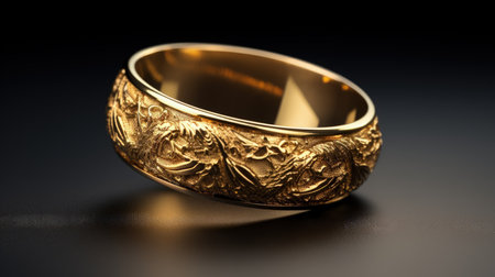 Yellow gold ring on dark background, engagement ring.の素材