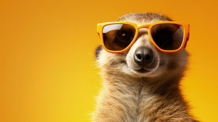 meerkat with sunglasses on yellow background with copy space .の素材