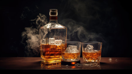 two glasses and bottle of whiskey on a wooden table, ai generatedの素材