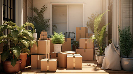 Cardboard boxes and potted plants in room. moving dayの素材
