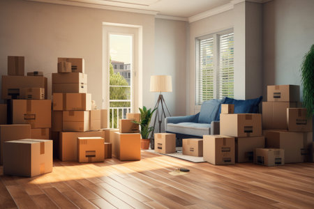 Cardboard boxes and potted plants in room. moving dayの素材