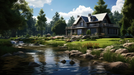country house on the river process, ai generatedの素材