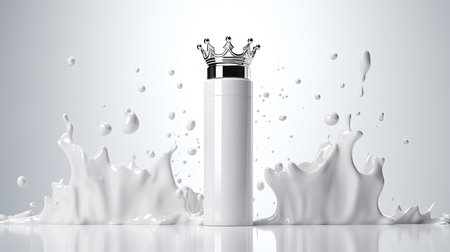 cosmetic product with crown white bottle and splashes.の素材