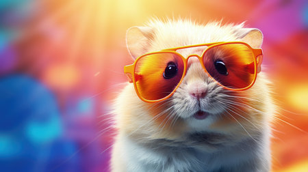 hamster in sunglasses on bright colour background.の素材