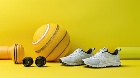 Sport equipment on yellow background.の素材