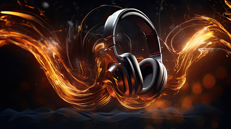 headphones and colourful sound waves on black backgroundの素材