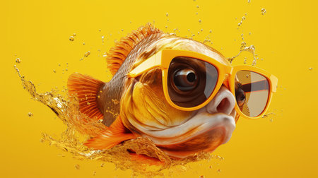 yellow fish in sunglasses on blue background with copy space.の素材
