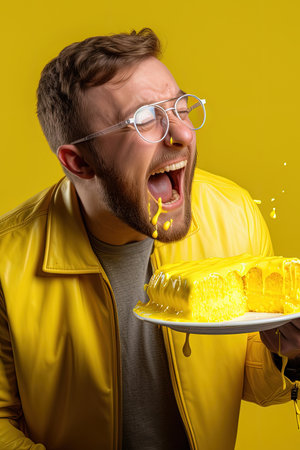 guy in a bright yellow jacket bites a yellow cake.の素材