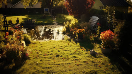 Landscape design with flowers, beautiful residential house backyard in summer.の素材