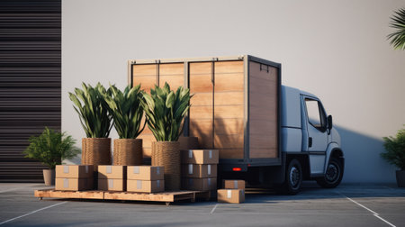 open trunk of a truck with things in boxes . moving dayの素材