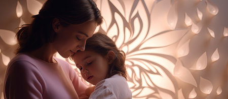mother is cuddled by cute little daughter.の素材