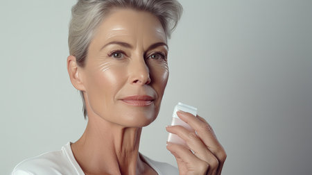 Middle aged woman applying anti-aging cream on her faceの素材