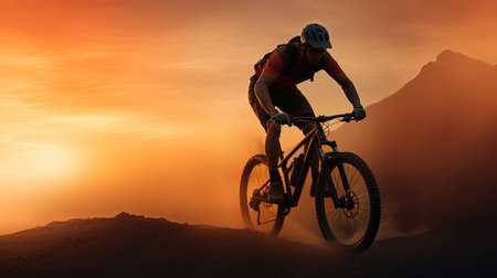 mountain biker in the dust in forest at sunny evening.の素材