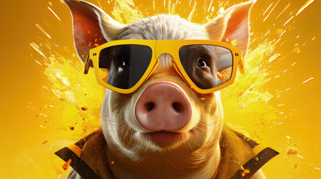 cool pig with sunglasses on yellow backgroundの素材