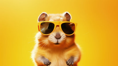 cute hamster in sunglasses on bright yellow background.の素材