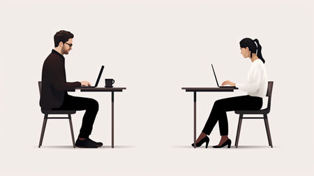 two business people using laptops and speech bubbles, ai generatedの素材