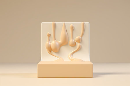 beige pedestal podium with liquid foundation splash swirl on light background, ai generatedの素材
