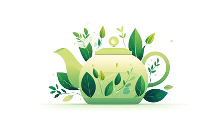 eco-friendly electric teapot isolated on white background , teapot with green leavesの素材