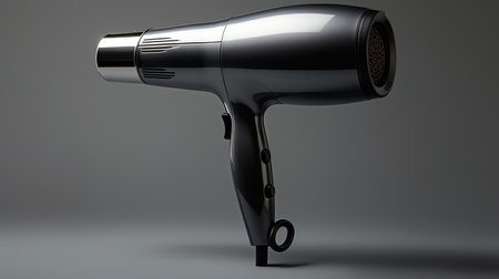 grey hair dryer isolated on dark background.の素材