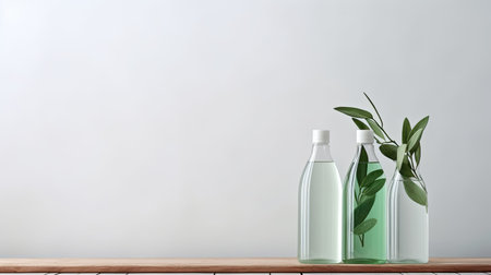 bio organic bottle of cleaning product and leaves on light background with copy space.の素材