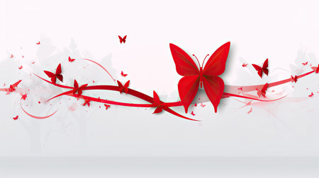Red ribbon and red bow on dark background.の素材