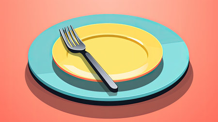 plate, fork on table on pastel background, diet, ai generatedの素材