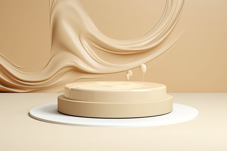 beige pedestal podium with liquid foundation splash swirl on light background, ai generatedの素材