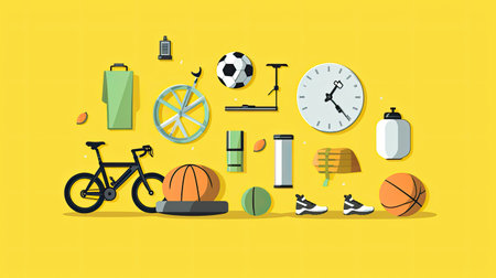 Sport equipment on yellow background.の素材
